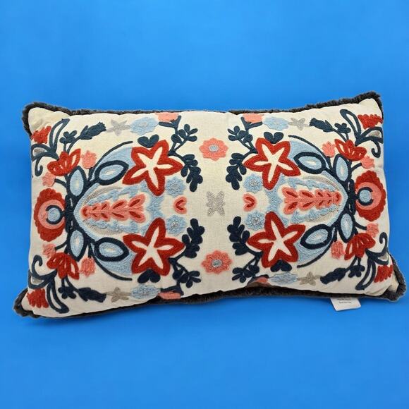 Set of 2 Embroidered Fringed Bold Floral Lumbar Throw Pillows Approx. 24x13x4" - Picture 12 of 16